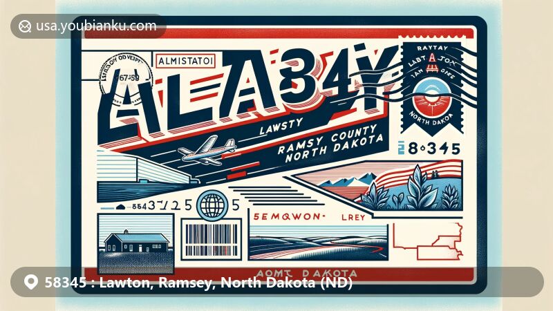 Modern illustration of Lawton, Ramsey County, North Dakota, featuring airmail envelope with ZIP code 58345, rural landscapes, and small town atmosphere.