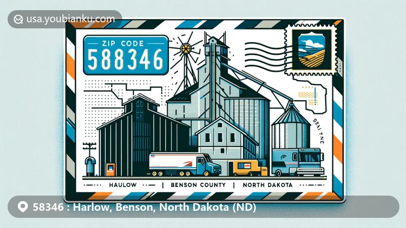 Modern illustration of Harlow, Benson County, North Dakota, resembling an airmail envelope with ZIP code 58346 and iconic grain elevator, featuring Benson County outline and North Dakota state flag.