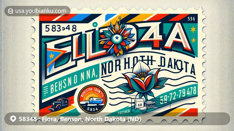 Modern illustration of Flora, Benson County, North Dakota, depicting a vibrant airmail envelope with ZIP code 58348, featuring North Dakota state flag, Benson County outline, postmark, stamp of local landmark, and mail truck.