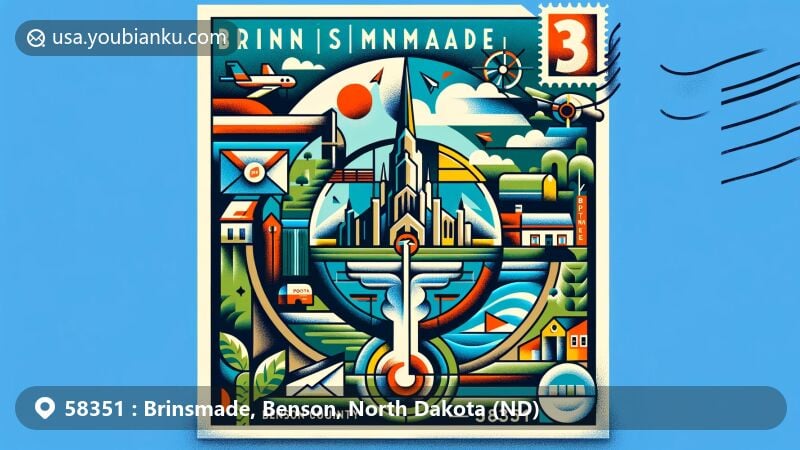 Vibrant illustration of Brinsmade, Benson County, North Dakota, showcasing ZIP code 58351, featuring local landmarks and postal-themed graphics.