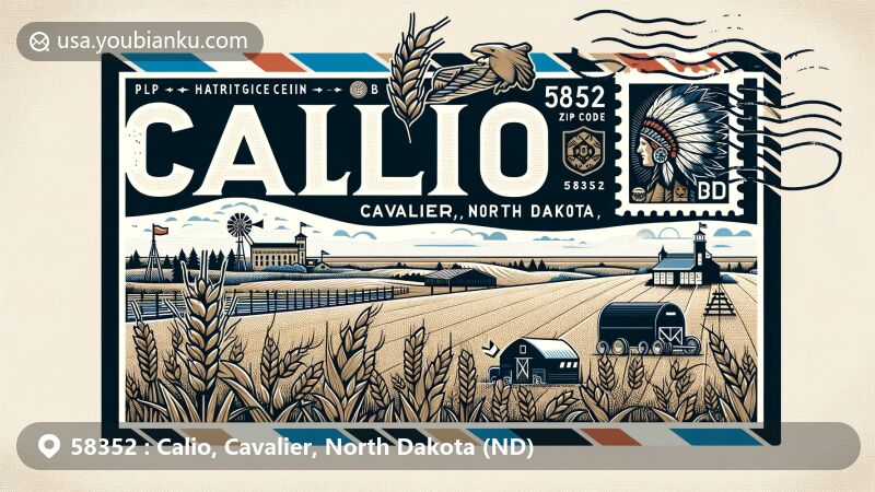 Vintage airmail envelope design for Calio, Cavalier, North Dakota, showcasing local history, Native American culture, and agricultural heritage, with ZIP code 58352 and North Dakota state flag stamp.