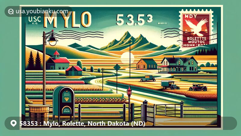 Modern illustration of Mylo, Rolette, North Dakota, showcasing rural charm with Turtle Mountains silhouette in the background, featuring vintage town elements and postal motifs.