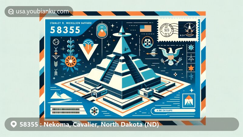 Modern illustration of Nekoma, North Dakota, focusing on ZIP code 58355 and the Stanley R. Mickelsen Safeguard Complex, a Cold War landmark, surrounded by North Dakota state symbols and postal design elements.