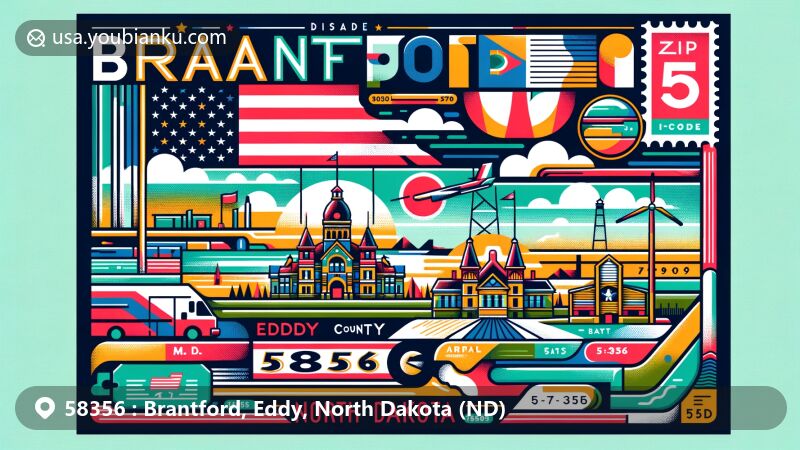 Modern illustration of Brantford, Eddy County, North Dakota, showcasing postal theme with ZIP code 58356, featuring state flag, Eddy County outline, and local landmarks.