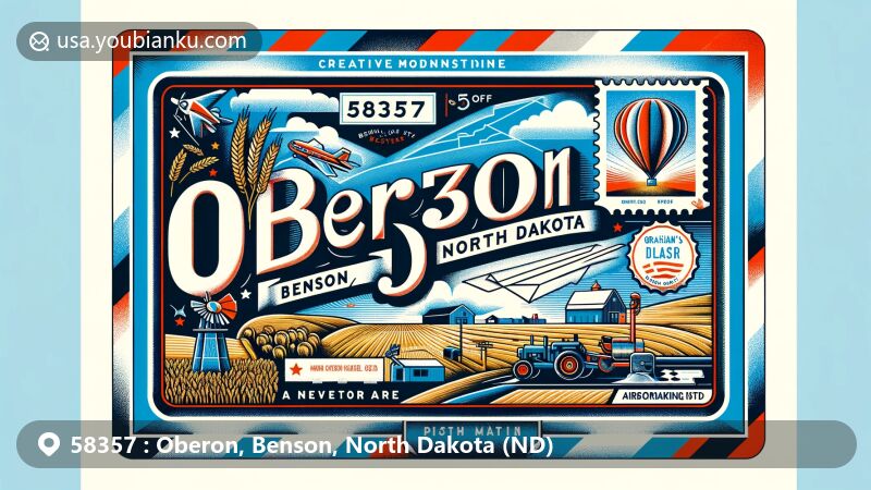 Modern illustration of Oberon, Benson County, North Dakota, featuring vintage airmail envelope with ZIP code 58357, rural and agricultural symbols, and North Dakota landmarks.