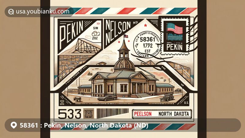 Modern illustration of Pekin, Nelson County, North Dakota, highlighting airmail envelope with ZIP code 58361, featuring Old Settler's Pavilion and U.S. flag elements.