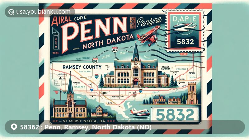 Modern illustration of Penn, Ramsey County, North Dakota, showcasing postal theme with ZIP code 58362, featuring Devils Lake, Episcopal Church of the Advent, St. Mary's Academy, airmail envelope, map, stamp, and postmark.