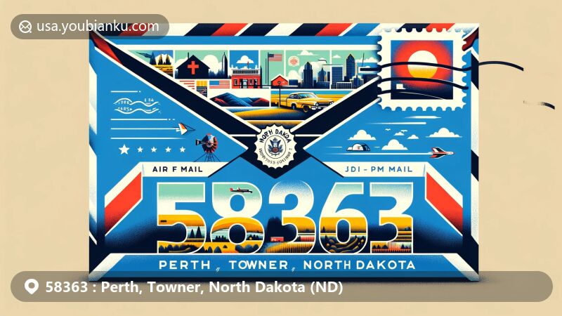 Modern illustration of Perth, Towner, North Dakota, air mail envelope for ZIP code 58363, featuring iconic state symbols, landscapes of North Dakota, vintage postage elements, and classic red mailbox.
