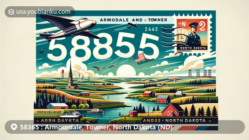 Modern illustration of Armourdale and Towner, North Dakota, showcasing airmail theme with ZIP code 58365, featuring typical landscapes of North Dakota and Midwest natural scenery.