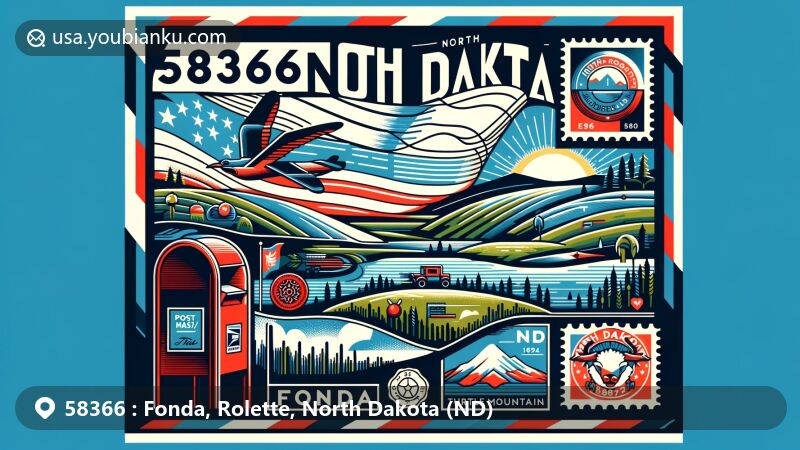 Modern illustration of Fonda, Rolette County, North Dakota, presenting postal theme with ZIP code 58366, featuring local geography and cultural symbols like Turtle Mountain plateau and North Dakota state flag.