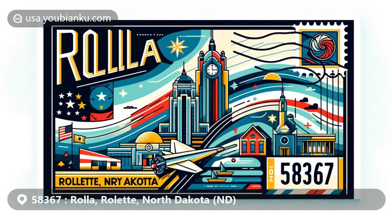 Modern illustration of Rolla, Rolette, North Dakota, capturing postal theme with ZIP code 58367, featuring iconic symbols of Rolla and elements of North Dakota state flag.