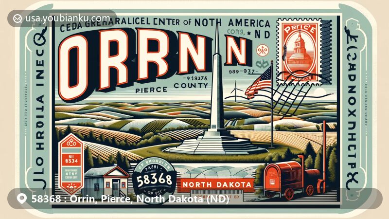 Creative illustration of ZIP code 58368 for Orrin, Pierce County, North Dakota, showcasing vintage postcard style with North American monument and rural landscapes.