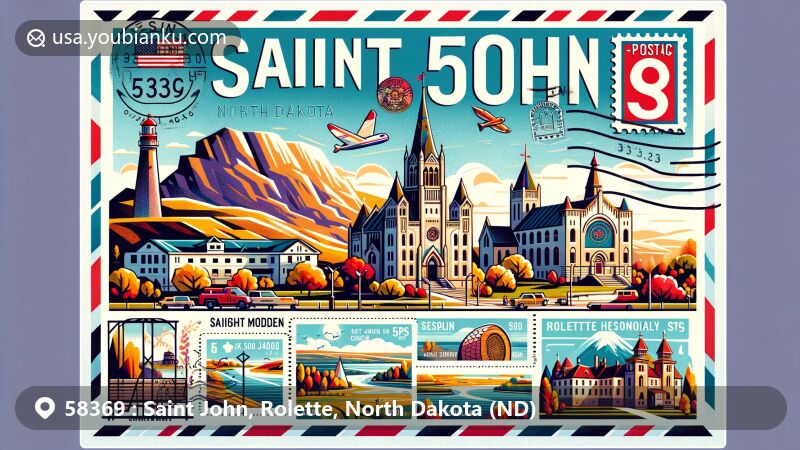 Modern illustration of Saint John, North Dakota, in the 58369 ZIP code area, showcasing autumn scenery of Turtle Mountains, historic Coghlan Castle, and Rolette County Historical Society Museum, with postal elements like stamps and postal code.