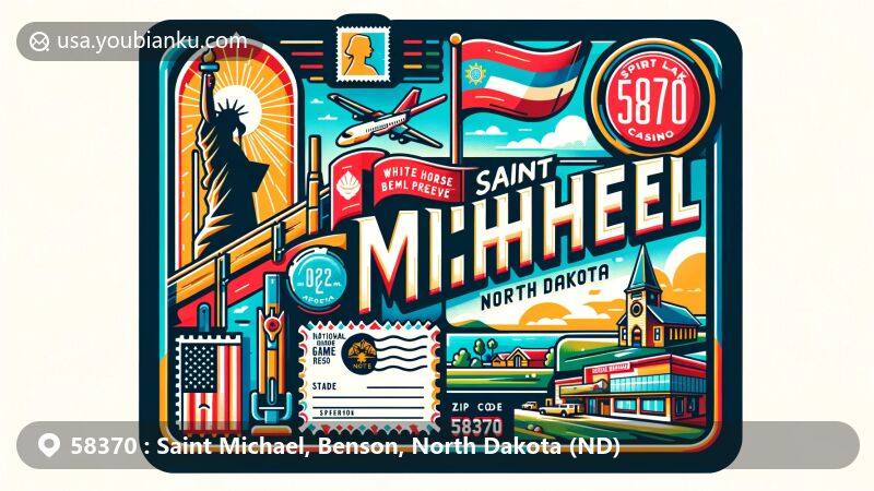 Modern illustration of Saint Michael, Benson County, North Dakota, highlighting ZIP code 58370, showcasing North Dakota state flag, White Horse Hill National Game Preserve, and Spirit Lake Casino & Resort.