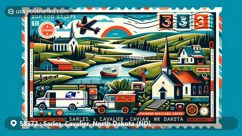 Modern illustration of Sarles and Cavalier, North Dakota, showcasing postal theme with elements like stamps, postmarks, ZIP Code 58372, mailboxes, and mail truck, featuring landmarks such as Holy Trinity Church and Pioneer Heritage Center.