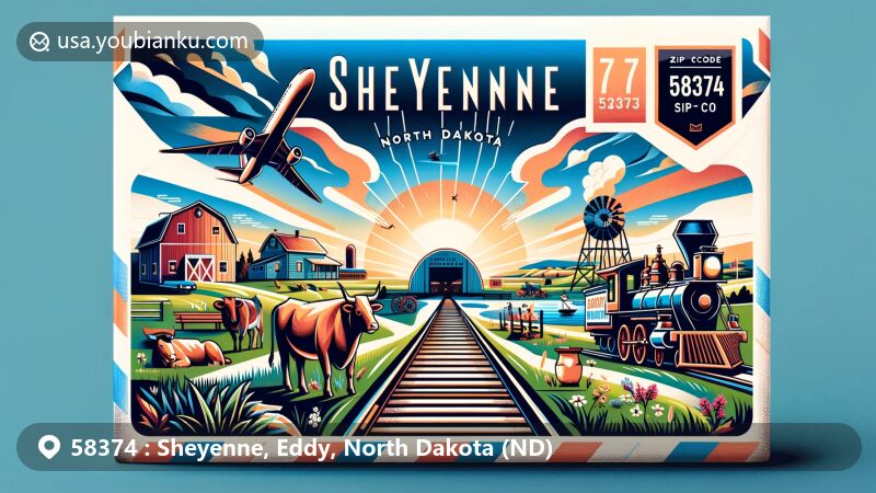 Modern illustration of Sheyenne, North Dakota, highlighting Sheyenne River Valley Scenic Byway, farmlands, and dairy cows, representing local agriculture and dairy industry, with historical elements from Indian Wars and early trains.