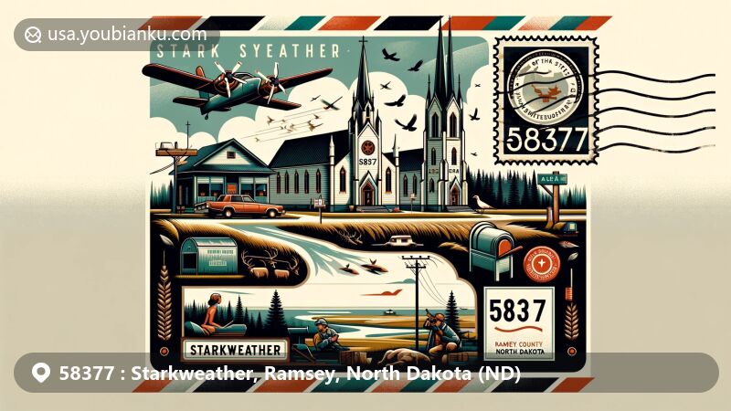 Modern illustration of Starkweather, Ramsey County, North Dakota, inspired by airmail envelope design, featuring Assumption Catholic Church and Trinity Bergen Lutheran Church, set in a stylized rural landscape with outdoor scenes.