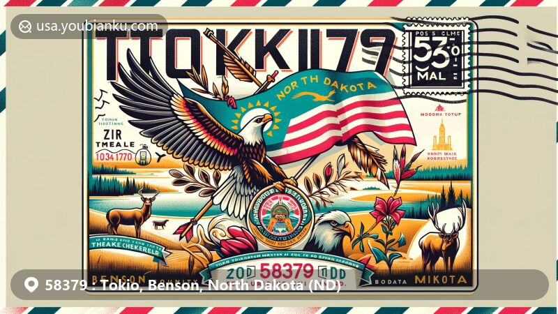 Modern illustration of Tokio, Benson County, North Dakota with ZIP code 58379, showcasing North Dakota state flag, state symbols like Western Meadowlark and Nokota horse, and natural landmarks like Buffalo Lake Wildlife Refuge.