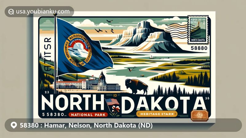 Modern illustration of North Dakota postcard with state flag and White Butte silhouette, showcasing Theodore Roosevelt National Park and North Dakota Heritage Center.