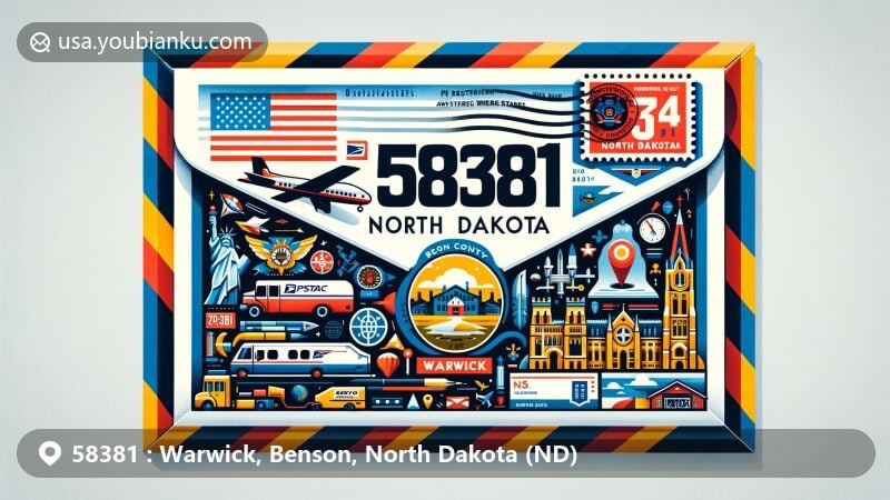 Modern illustration of Warwick, Benson County, North Dakota, designed as an air mail envelope with ZIP code 58381, featuring landmarks and North Dakota symbols.