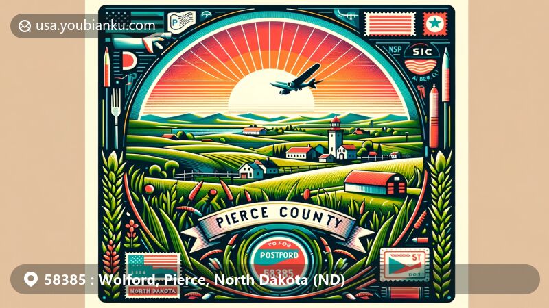 Modern illustration of Wolford, Pierce County, North Dakota, showcasing postal theme with ZIP code 58385, featuring scenic prairie landscape and a beautiful sunset.