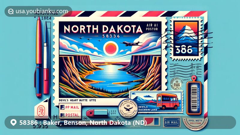 Modern illustration of Benson County, North Dakota, portraying air mail envelope with landmark, possibly Devils Lake or Devil's Heart Butte, featuring ZIP code 58386 and iconic North Dakota symbol.