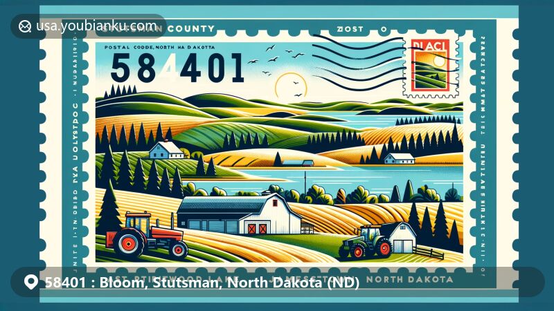 Vibrant illustration of Bloom, Stutsman County, North Dakota, showcasing rural landscapes, Spiritwood Lake, and agricultural elements with postal theme of ZIP code 58401.