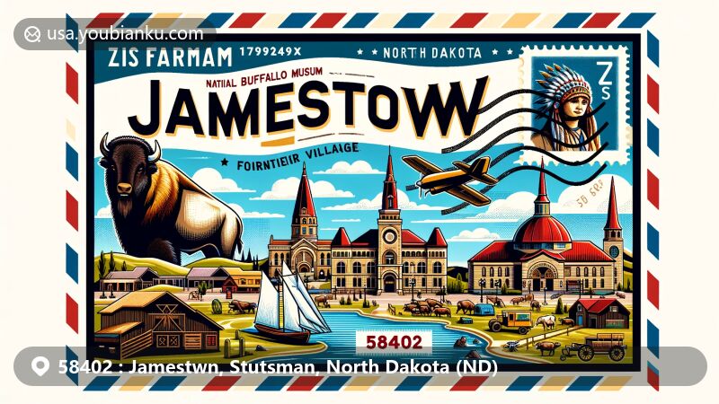 Modern illustration of Jamestown, North Dakota, with a postal theme showcasing key landmarks like the National Buffalo Museum and St. James Basilica.