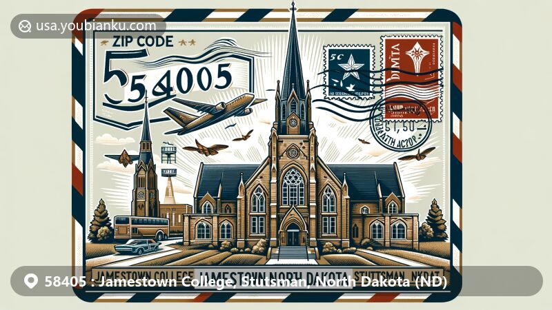 Unique illustration of Jamestown College, Stutsman, North Dakota, featuring vintage airmail envelope with ZIP Code 58405, showcasing Voorhees Chapel and North Dakota state symbols.