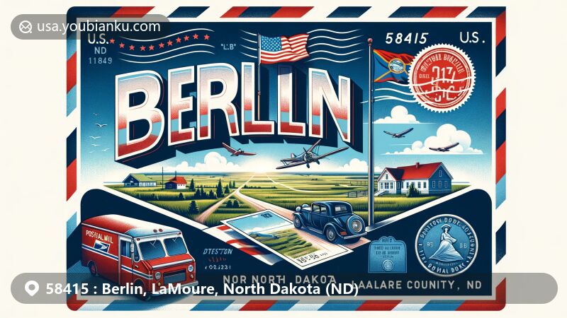 Modern illustration of Berlin, LaMoure, North Dakota, focusing on postal theme with ZIP code 58415, showcasing North Dakota landscape and state flag.