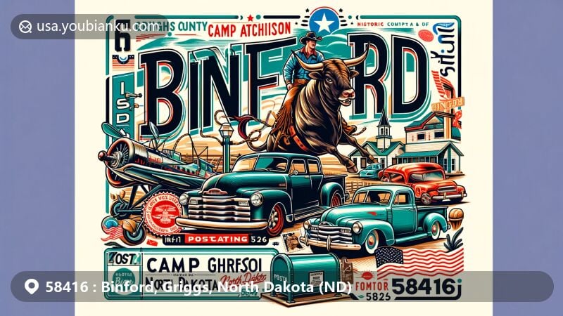 Modern illustration of Binford, Griggs County, North Dakota, showcasing postal theme with ZIP code 58416, featuring Camp Atchison Historic Site and 'Binford Days' cultural elements.