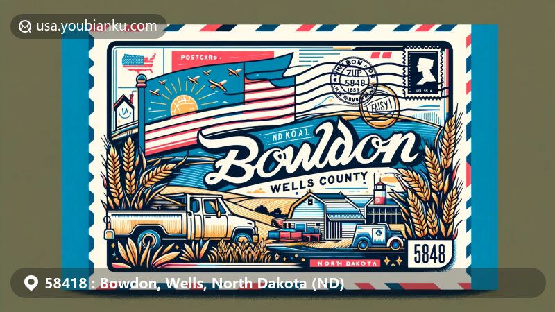Modern illustration of Bowdon, Wells County, North Dakota, featuring state flag, county map outline, agricultural elements, and postal theme with ZIP code 58418.
