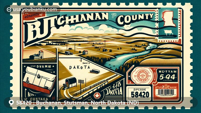 Modern illustration of Buchanan, Stutsman County, North Dakota, showcasing postal theme with ZIP code 58420, featuring stylized map, James River, and vintage postal elements.