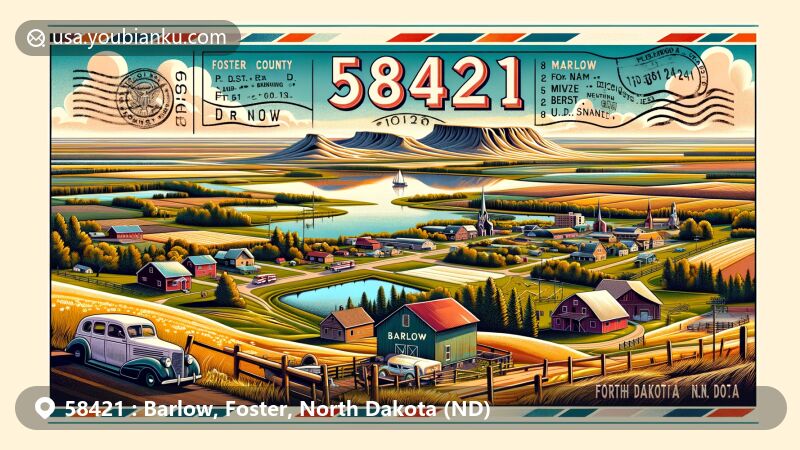Modern illustration of Barlow, Foster, North Dakota, showcasing rural village with ZIP code 58421, highlighting agriculture, lakes, U.S. Route 281, and iconic landmarks like Fort Union Trading Post and Maltese Cross Cabin.