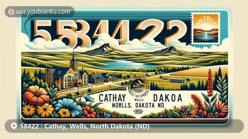 Modern illustration of Cathay, Wells, North Dakota, showcasing vintage air mail envelope with scenic beauty and historic Cathay School, featuring North Dakota state flag stamp and 1893 postmark.