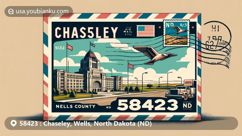 Vibrant illustration of Chaseley, Wells County, North Dakota, with postal theme and iconic landmarks, set against North Dakota flag and Wells County map outline.