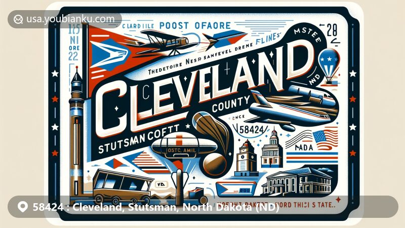 Modern illustration of Cleveland, Stutsman County, North Dakota, showcasing postal theme with ZIP code 58424, featuring North Dakota state symbols and local landmarks.