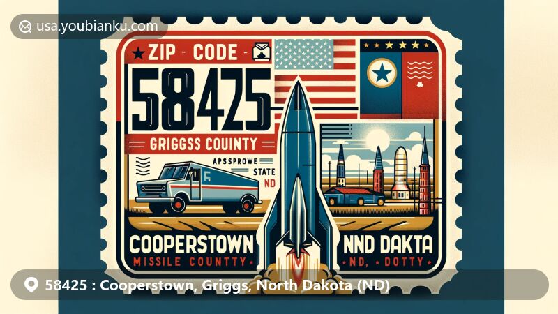 Colorful illustration representing ZIP code 58425 in Cooperstown, Griggs County, North Dakota, featuring North Dakota and Griggs County silhouettes, state flag, and Ronald Reagan Minuteman Missile State Historic Site.