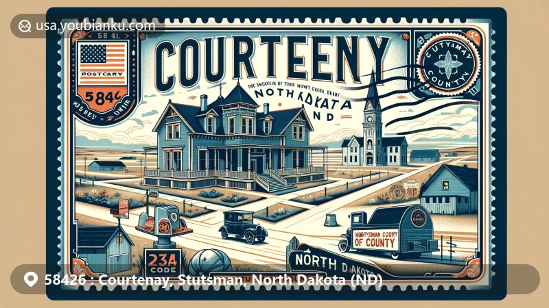 Modern illustration of Courtenay, Stutsman County, North Dakota (ND), showcasing postal theme with ZIP code 58426, featuring Eastlake style architecture and Stutsman County Courthouse.
