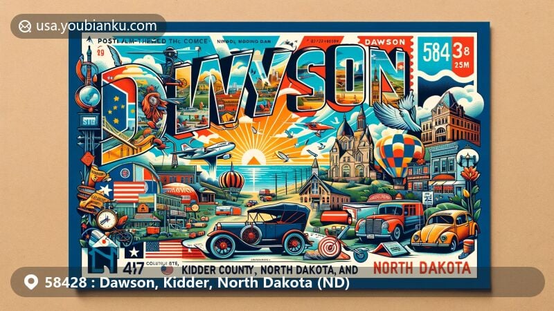 Modern illustration of Dawson and Kidder Counties, North Dakota, depicting vibrant postcard design with ZIP code 58428, featuring North Dakota state flag and local landmarks.