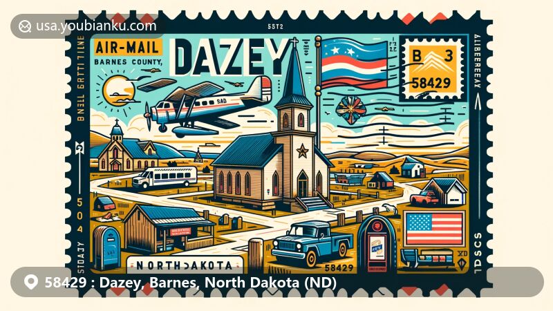 Modern illustration of Dazey, Barnes County, North Dakota, featuring postal theme with ZIP code 58429, showcasing Sibley Trail Church and North Dakota state flag.