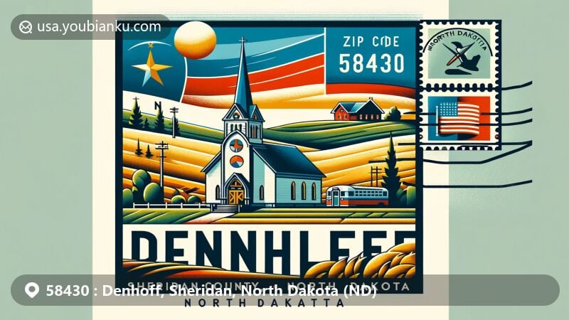 Modern illustration of Denhoff, Sheridan County, North Dakota, with postcard aesthetics showcasing a historic church amidst rural scenery and the North Dakota state flag, including postal elements like postmark and stamp.