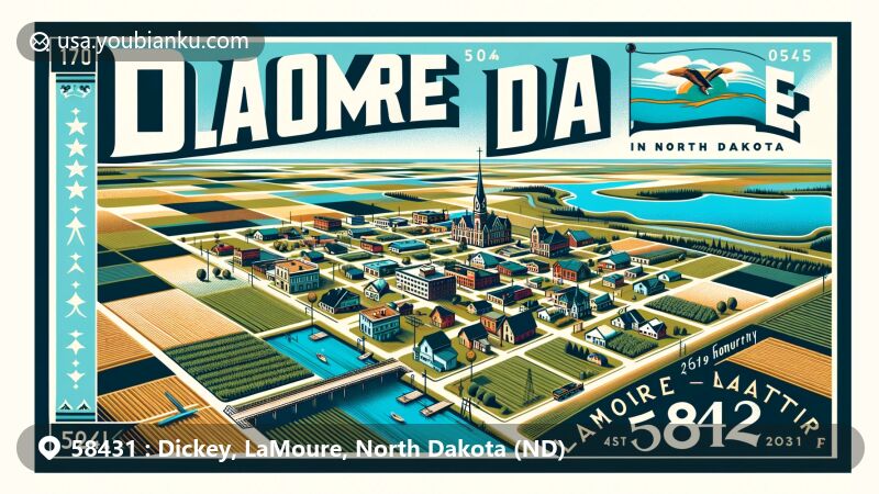 Modern illustration of Dickey and LaMoure in North Dakota, featuring aerial view of Dickey town, agricultural lands, North Dakota state flag, LaMoure County Museum, Dakota Lake, Maple River National Wildlife Refuges, and postal theme with ZIP code 58431.