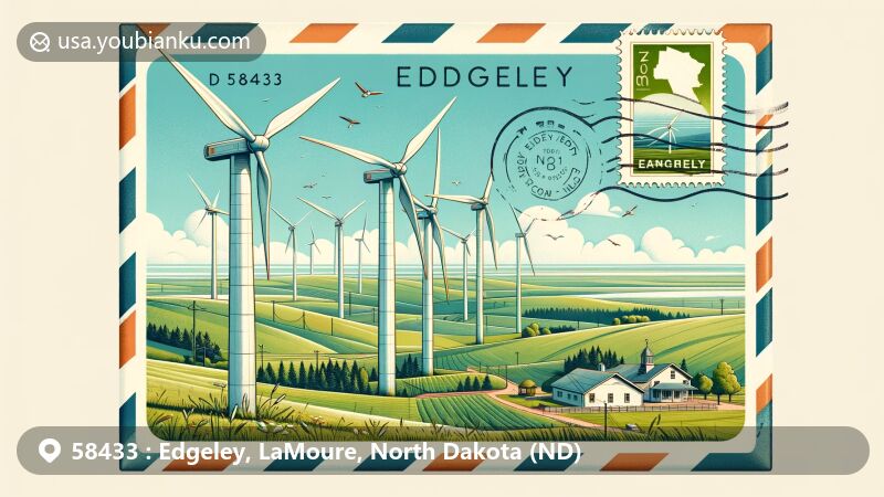 Modern illustration of Edgeley town in LaMoure County, North Dakota, featuring iconic wind energy scene symbolizing renewable energy. Depicts serene and beautiful landscape of LaMoure County with green fields and clear skies, cleverly designed in a postcard or airmail envelope shape incorporating postal elements like stamps, postmarks, and text 'Edgeley, ND 58433'. Captures Edgeley's commitment to wind energy and natural beauty of LaMoure County, highlighting the theme of postal communication.
