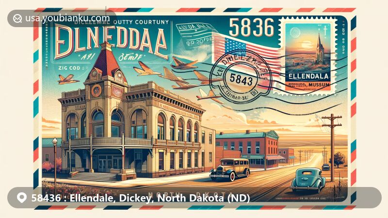 Modern illustration of Ellendale, Dickey, North Dakota (ND), portraying the historic Ellendale Opera House and Coleman Museum, set against a backdrop of North Dakota's landscape. The image seamlessly transitions into a postal theme with a vintage airmail envelope showcasing the Dickey County Courthouse stamp and '58436' cancellation mark.
