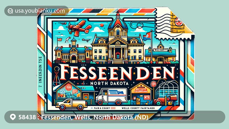 Modern illustration of Fessenden, Wells County, North Dakota, featuring Beiseker Mansion, Wells County Fairgrounds, North Dakota state flag, and Wells County outline map. Design inspired by air mail envelope with postal elements like stamp, postmark, ZIP Code, mailbox, and mail truck.