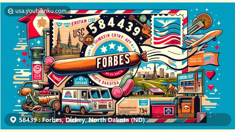 Modern illustration of Forbes, Dickey County, North Dakota, featuring postal theme with ZIP code 58439, showcasing Forbes City Park, Shimmin-Tveit Forbes Area Museum, and Forbes Sausage, along with North Dakota state flag.