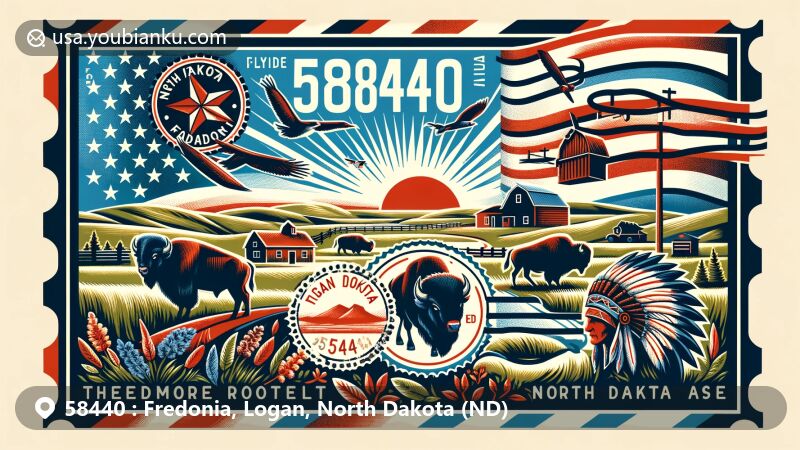Modern illustration of Fredonia, Logan County, North Dakota, highlighting postal theme with ZIP code 58440, featuring airmail envelope, postage stamp, and local rural landscape.