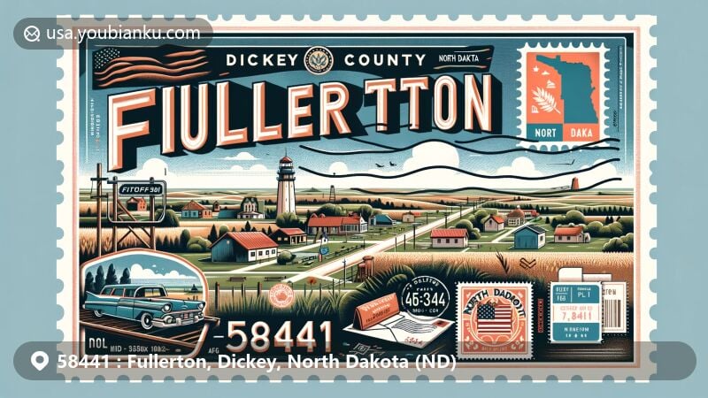 Charming illustration of Fullerton, Dickey County, North Dakota, capturing the essence of rural life with fields and a small town atmosphere, featuring a classic American postal envelope showcasing ZIP code 58441 and symbols representing the local culture.