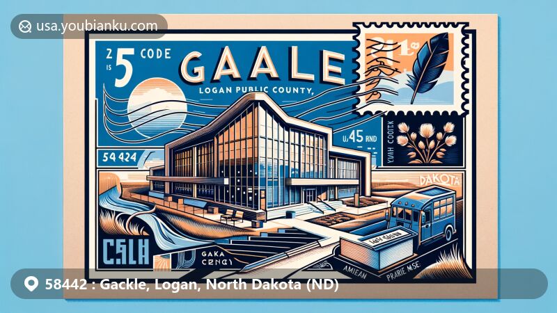 Modern illustration of Gackle, Logan County, North Dakota, featuring a postcard design with symbols of Gackle Public Library, Logan County outline, North Dakota state flag, wild prairie rose, American Elm, and ZIP Code 58442.